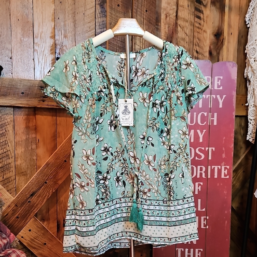 126 Easel Teal Floral Blouse
